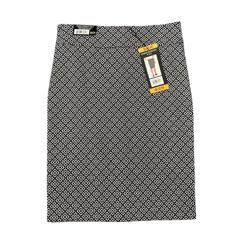 Mario Serrani Italy Pencil Skirt Womens S Black White Stretch Geo Print Pull On